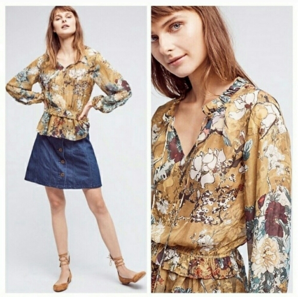 Hemant & Nandita Keystone Silk Blouse Sheer Floral Print Feminine Peplum(L) - Picture 1 of 14